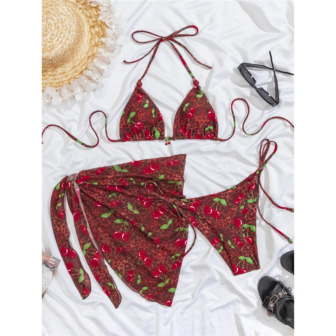 With Sarong Leopard Printed Bikini Women Swimwear Female Swimsuit Three-Pieces Bikini Set Halter Bather Bathing Suit Swim V7900