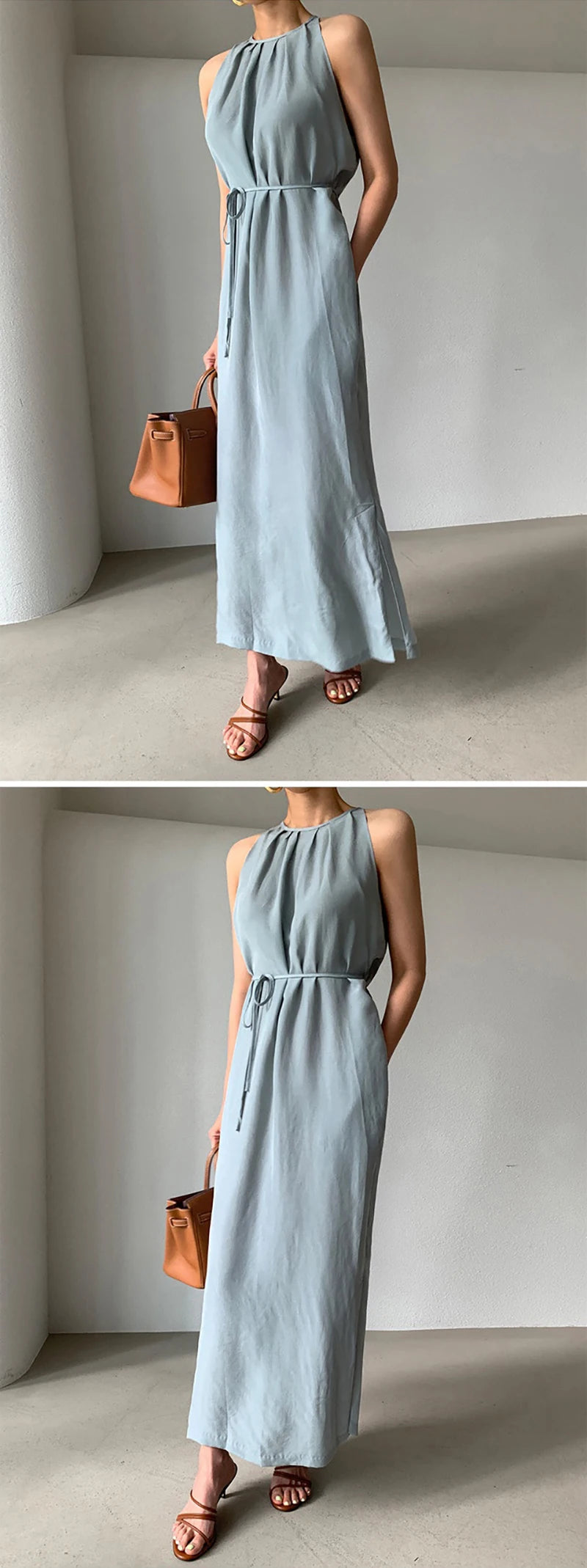 HELIAR Women Halter Strapless Sexy Dress Lace Up Waist Elegant Office Dress Holiday Beach A-line Long Dress Casual Vestidos