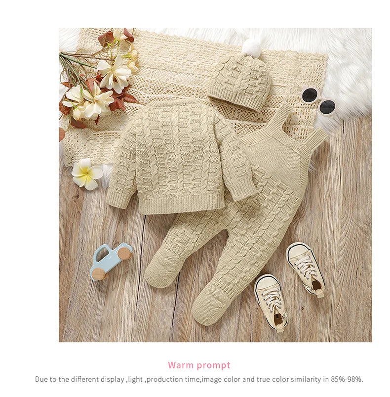 Newborn Baby Clothes Set Knitted Toddler Sweater +Jumpsuit Hat Sleeveless 3pcs Attire Infant Boys Girls Cardigan+Romper Cap 0-9M
