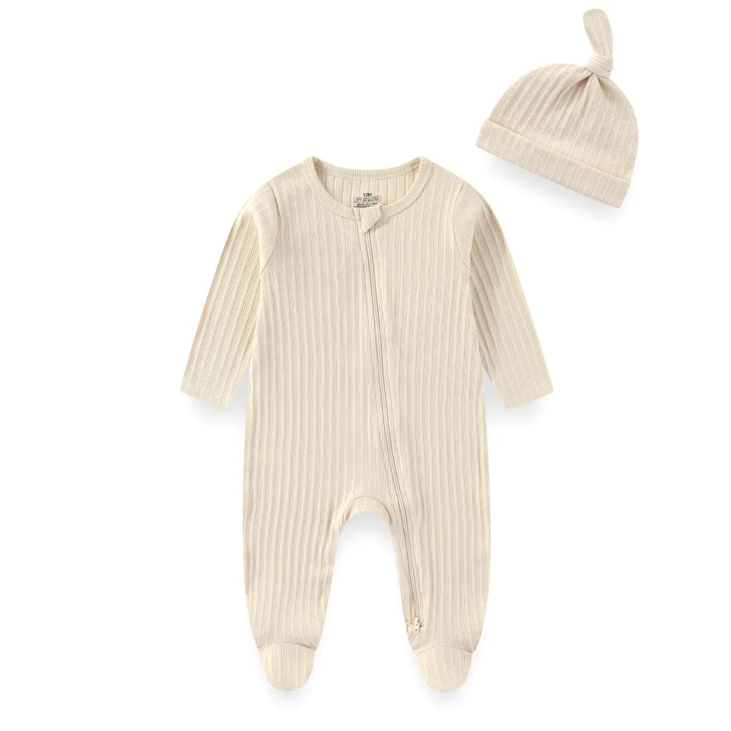 2 Pieces Solid Color Romper+Hat 2-way Zipper Cotton Baby Girl Clothes 0-12M Spring Newborn Baby Boy Clothes Sets Winter