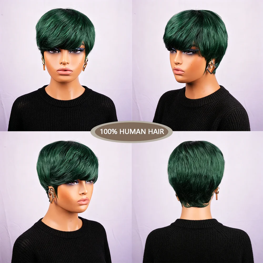 Green Short Straight Layered Bangs Hight Density Pixie Cut Human Hair Wig For Women Full Machine Made Wig