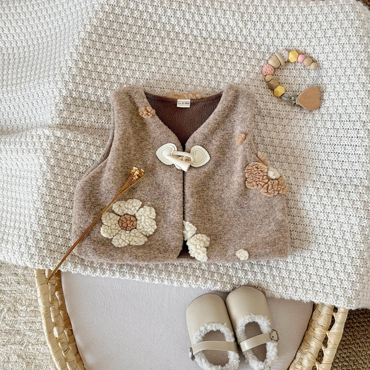 Fall Winter Baby Girls Fur Vest Sweet Flower Embroidery Sleeveless Warm Fashion Coat 0-3 Year Old Lady Wear Top