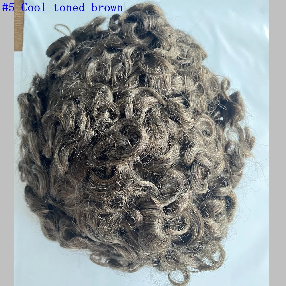 100% Human Hair Man 25mm Loose Curly Hair Replacement System Durable Skin Base Brown Gray Blonde #4 1B65 Prosthesis Hairpieces