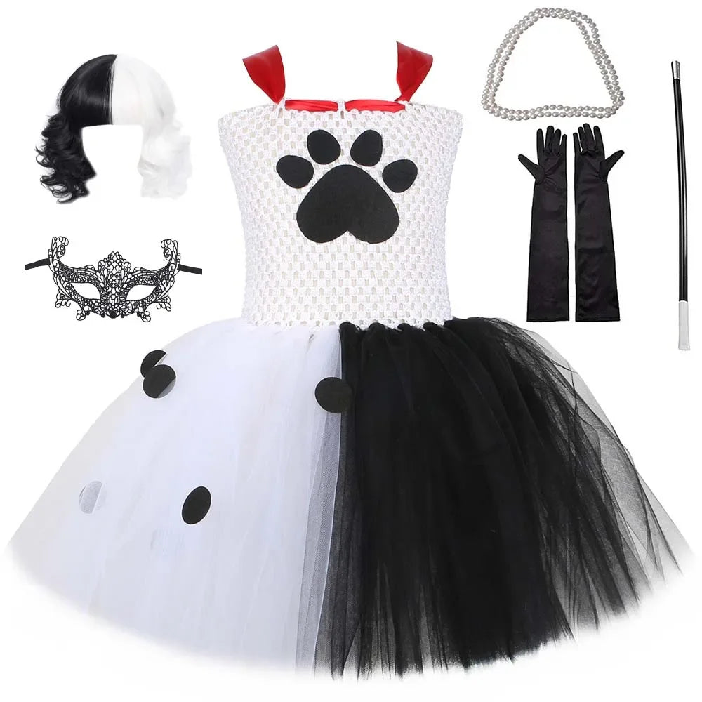Halloween Crulla Cosplay Costume Cruella Tulle Dress Party Girls Black White Carnival Kids Cruella Wig Lace Mask Suit Clothes