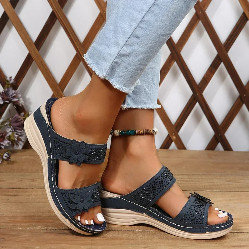 2024 Summer Women Slippers Plus Size Women's Shoes Retro Roman Sandals Women Pu Casual Flower Wedge Sandals Platform Slippers