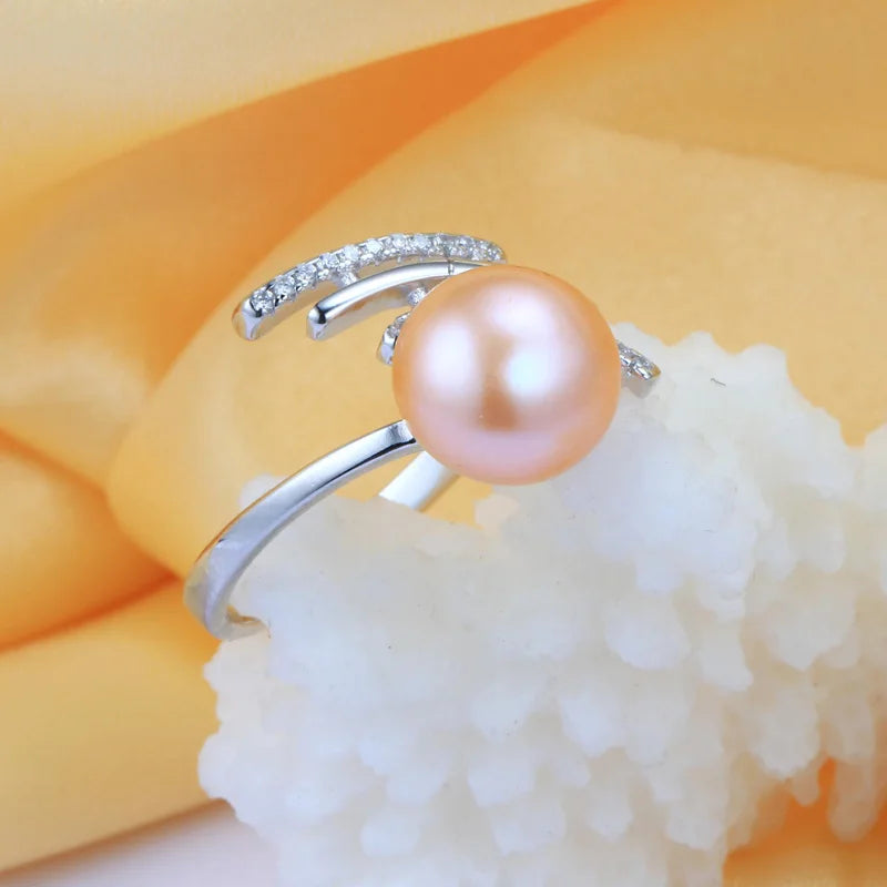 YWYC 8-9mm Natural Freshwater Pearl Rings for Women 925 Sterling Silver Crystal Zircon Adjustable Rings Jewlery Gift Wholesale