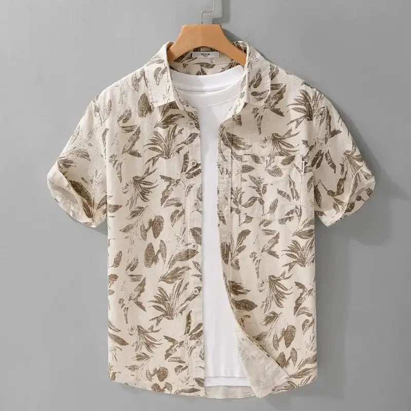 Vacation Leaf Print Linen Blend Short Sleeve Shirt Mens Lapel Casual Breathable Top