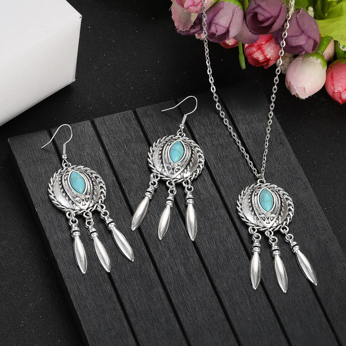 2023 Indian Jewelry Set Ethnic Silver Plated Geometric Carved Tassel Earring Necklace Women's Blue Turquoises Chain Jewelry