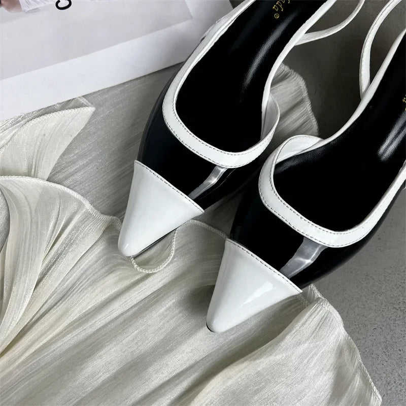 Designer Black White Mixed Color Low Heeled Sandals Women Sexy Pointed Toe Slingbacks Chunky High Heels for Women Elegant Heels