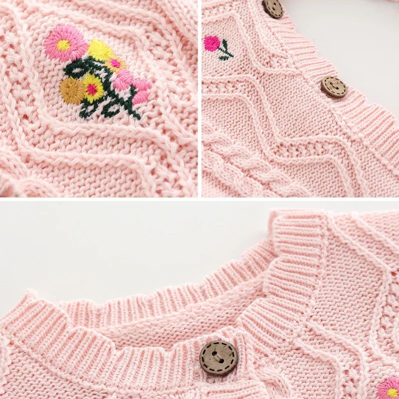 0-24M 100% Cotton Newborn Flower Baby Girl Romper Sweater Winter Clothes Knit Thick Warm Floral Embroidery Jumpsuit Outfit