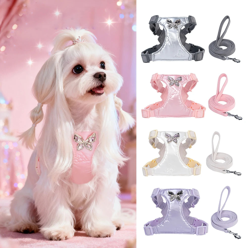 Luxury Dog Harness and Leash Set for Small Dogs, Elegant Mesh Vest Harness with Bow Tie, Perfect for Maltese Chihuahua Puppyl