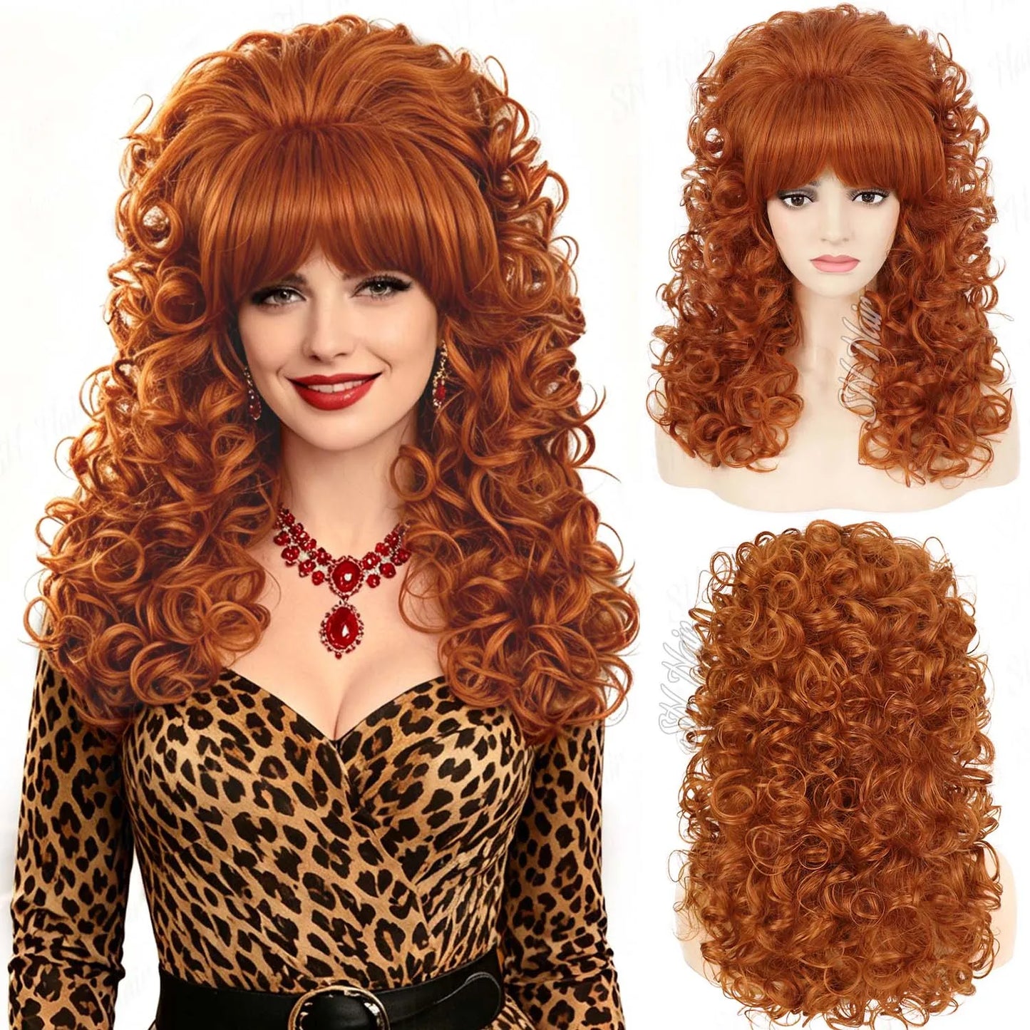 Synthetic 80s Vintage Big Beehive Wig for Women Retro Curly Wig with Bangs for 60s 70s Cosplay Halloween Party,Dolly Costume Wig
