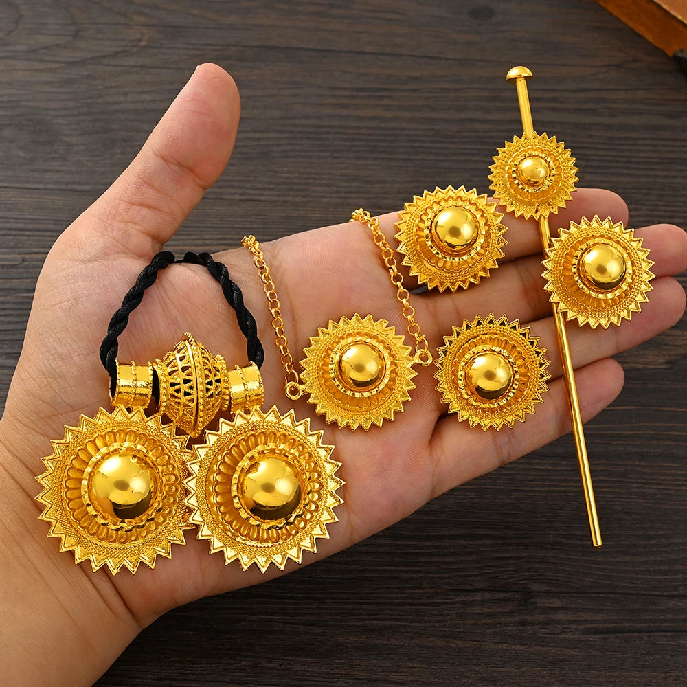 Ethiopian  Jewelry 2pcs Pendant/Necklace/Earring/Ring/Bracelet Gold Color Eritrea Set Man Women's Habesha Wedding Party Gift