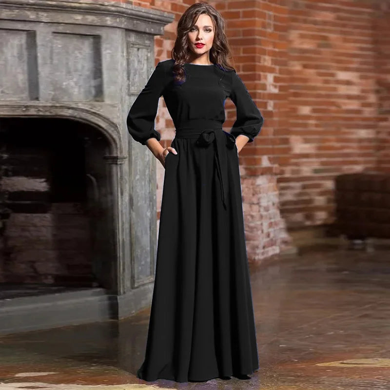 Bohemian Long Summer Dress Casual Lantern Sleeve round Neck Dress Polyester Fiber Mid Waist Print Patchwork Urban Casual Style