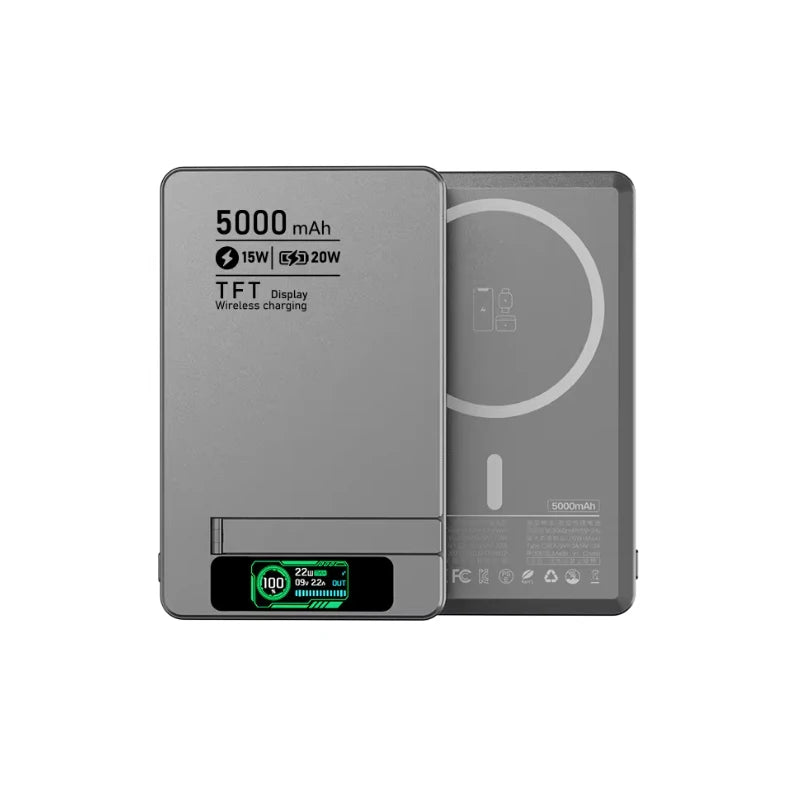5000/10000mAh Slim and Portable Magnetic Power Bank with Bracket TFT Digital Display Wireless Fast Charging for Phones Watches