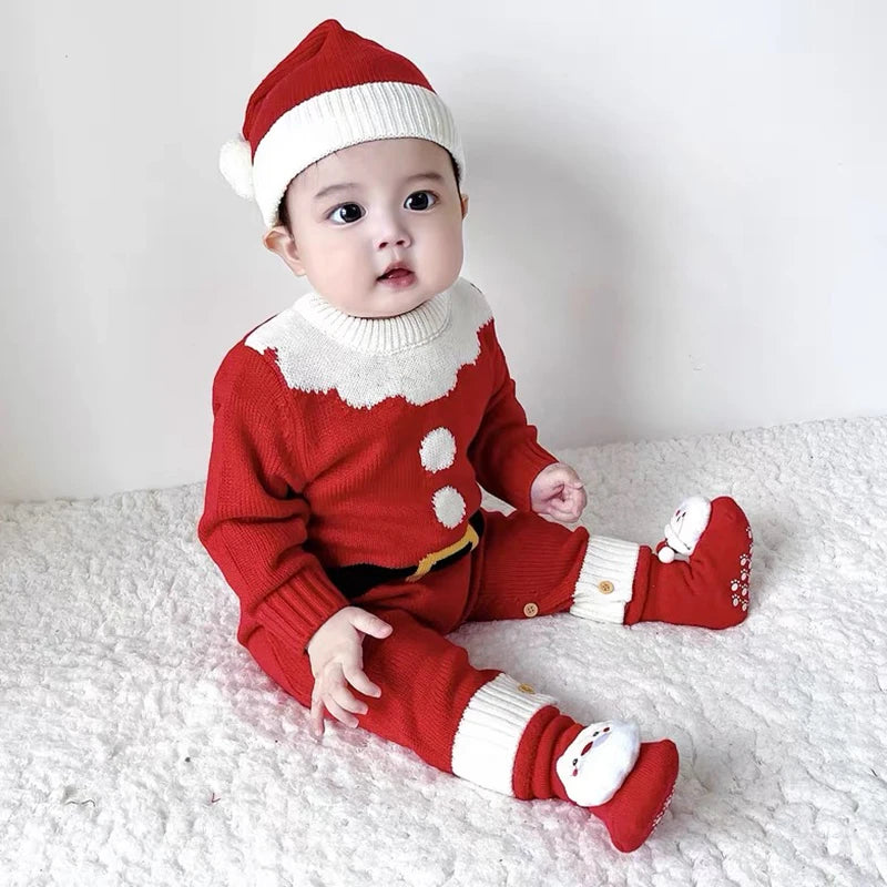 Infant Christmas Outfits Baby Romper Clothes Winter Red Santa Claus Knitted Newborn Infant Boy Girl Christmas Gift Jumpsuits+Hat