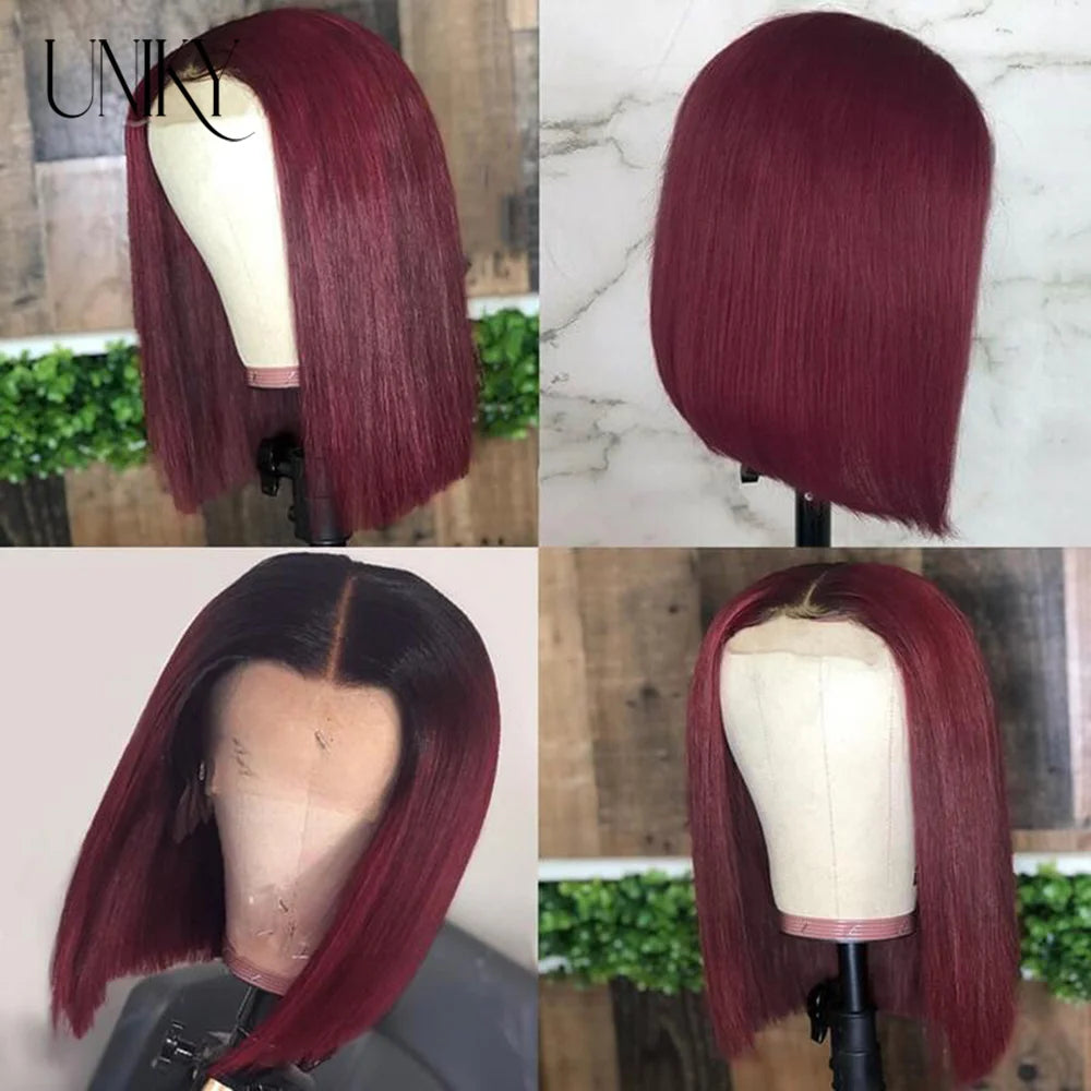 Short Bob Human Hair Wigs Straight Reddish Brown 13x4 Full Lace Frontal Wigs For Women 180 Density Color #33 Glueless Wig