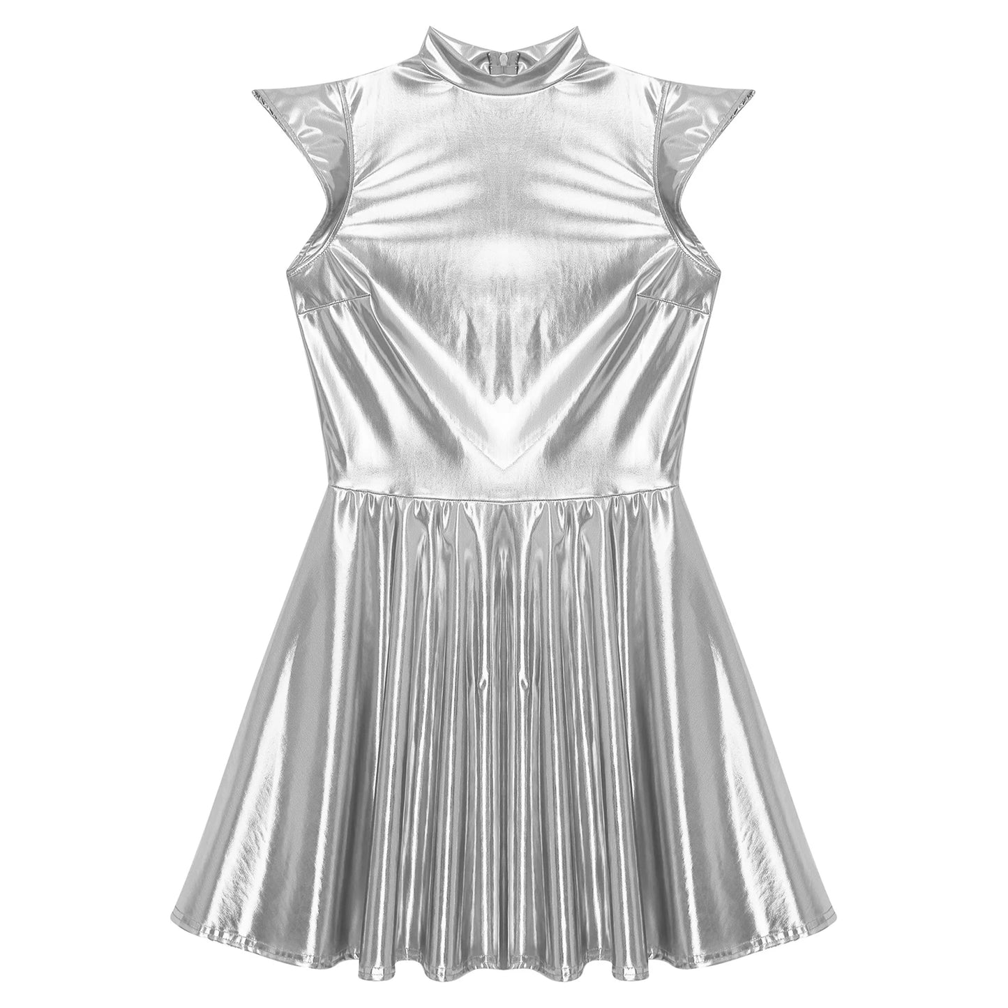 Womens Cocktail Dress Shiny Metallic Dress Alien Space Cap Sleeve High Waist A-line Dress for Halloween Party High Street Dress