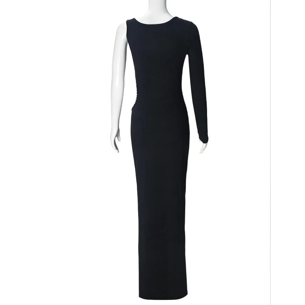 Sexy Slant Shoulder Cut Out Bodycon Maxi Dress Women Diamond Pearl Trim Luxury Party Vestido 2025 Summer Night Prom Clothes