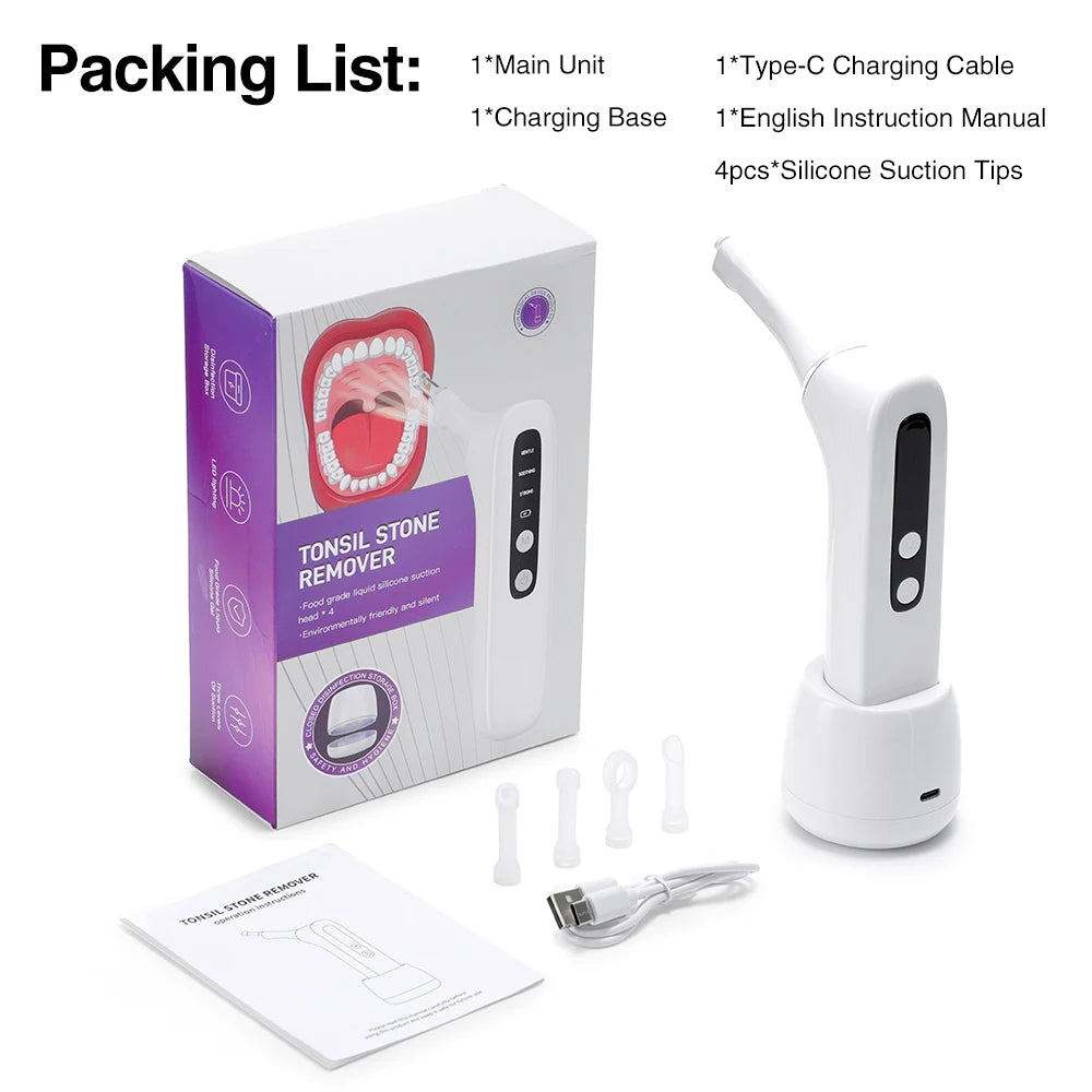 Tonsil Stone Remover Tool Electric Vacuum Tonsil Stone Removal Kit LED Light & 3-Level Suction Tonsil Cleaner Anti Bad Breath