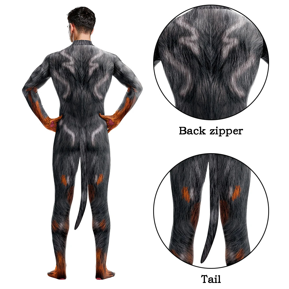 Halloween Cosplay Costume Male Adult Full Cover Elastic Zentai Pet Suit Jumpsuit Print Catsuit Bodysuits with Tail Purim Clothes