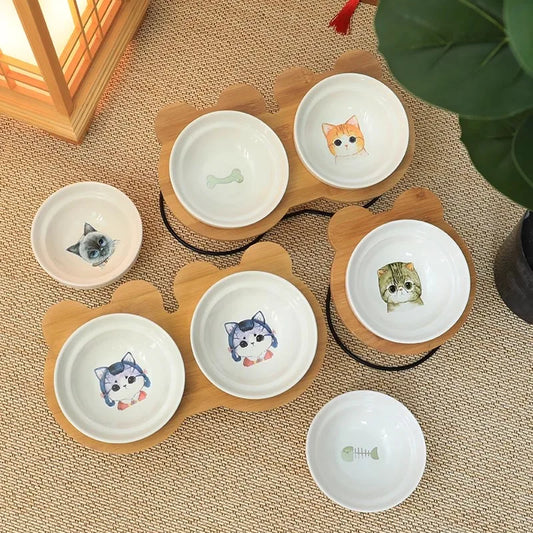 Ceramic Cat Bowl Cat Food Feeder Dog Bowls Drinking Water Bowl Cervical Protection Pet Supplies Ceramic Double Cat Bowls