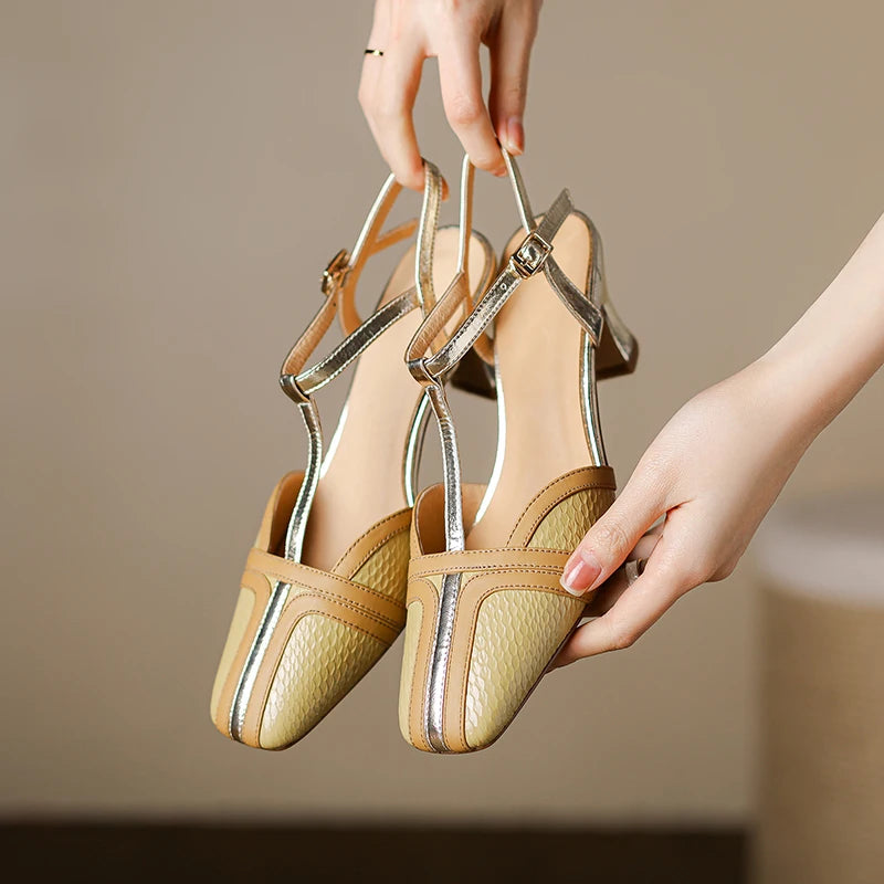 Dilalula 2025 Fashion T-Strap Genuine Leather Sandals Women Covered Toe Mixed Color Summer Dress Shoes Ladies Party French Style