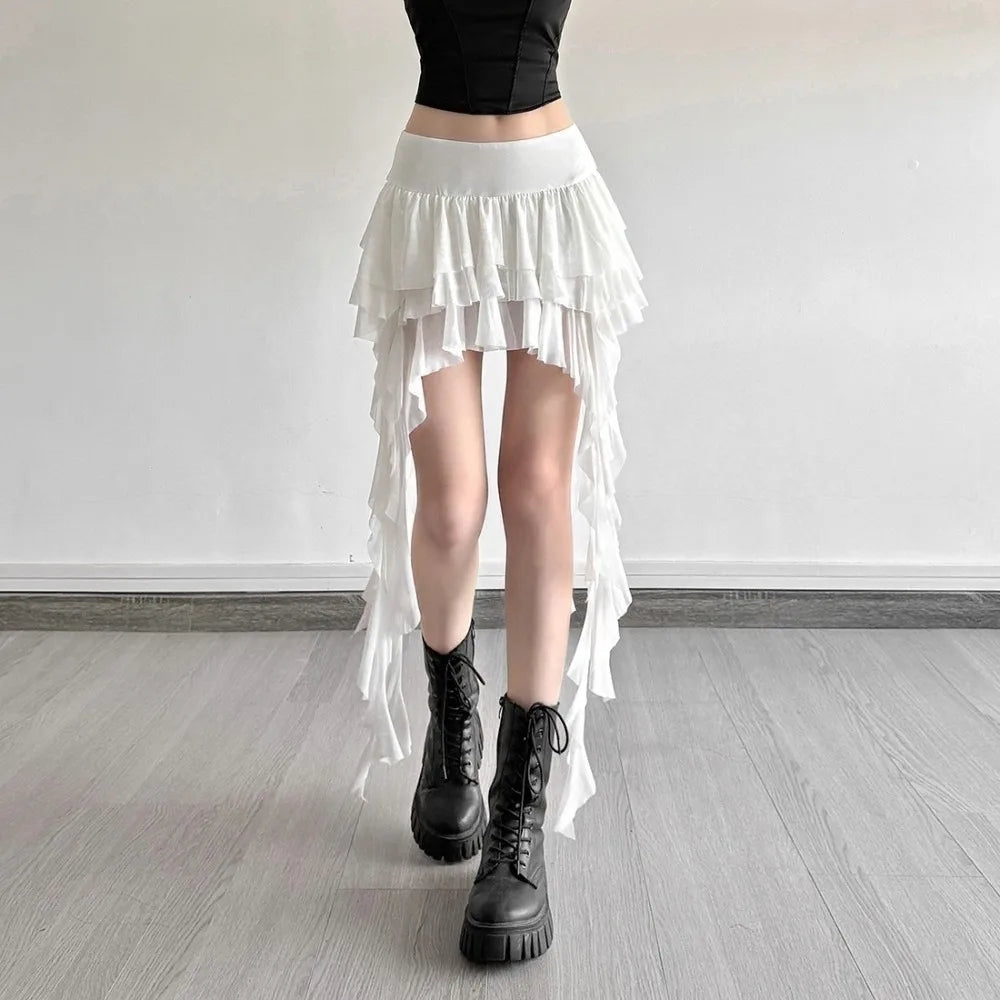 Casual High Waist Women's Tiered Skorts Layered Asymmetrical Hem Mini Skirt Ruffled Flowy Goth Skirt Summer Wear