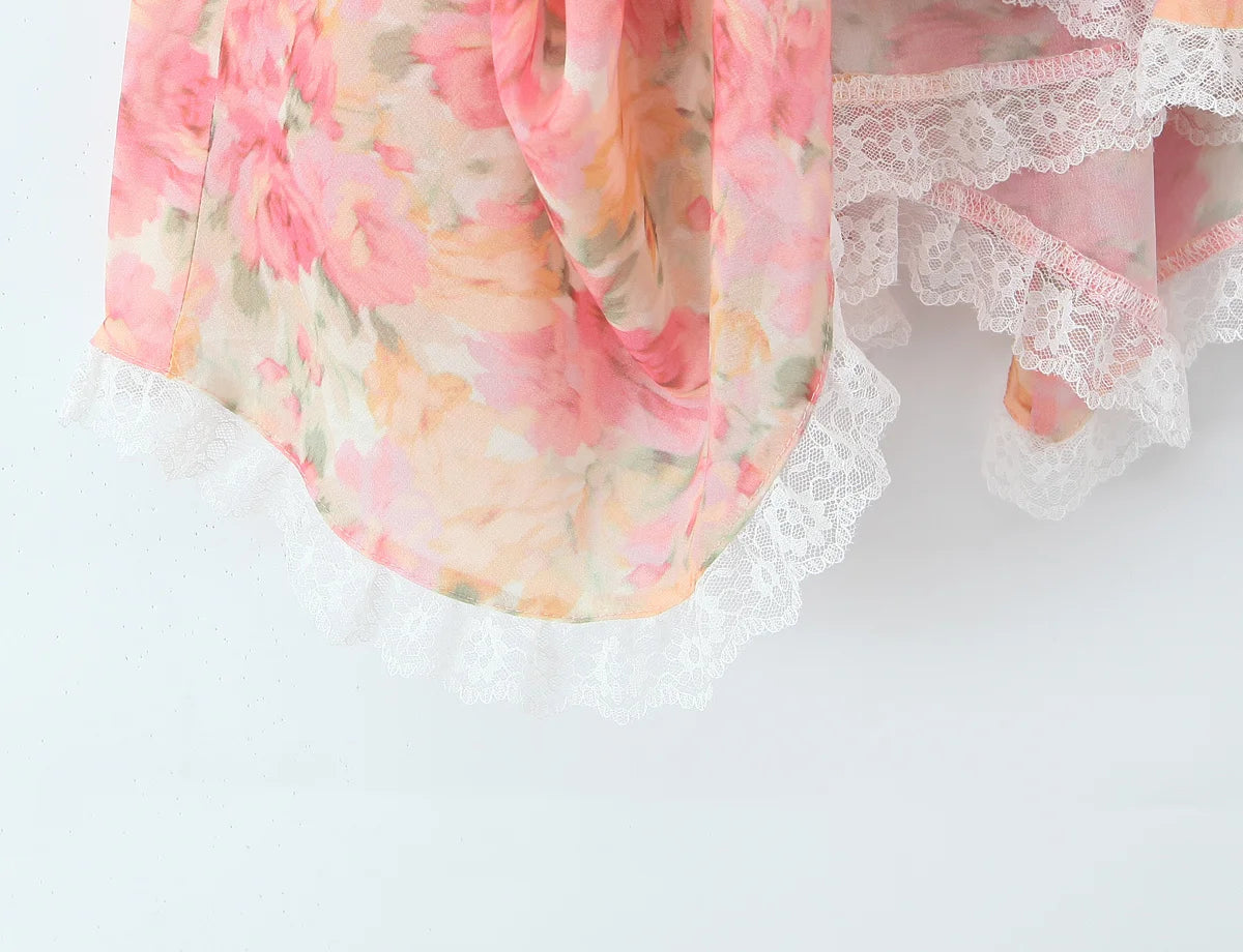 YENKYE Sexy Sling Floral Print Boho Beach Dress Women New 226  Lace Trim  Irregular Hem Holiday Summer Dresses Short Robe