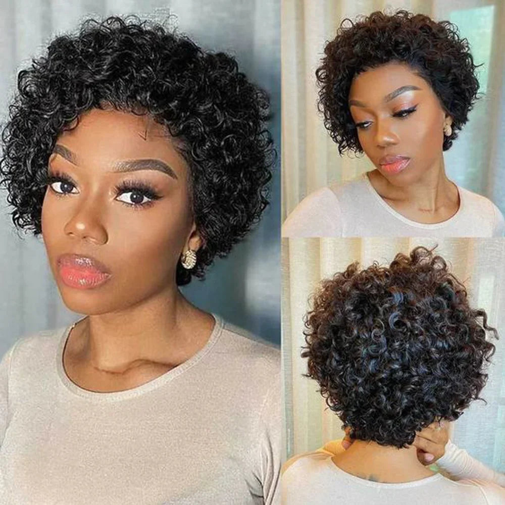 13X4 Lace Side Part Pixie Cut Water Curly Wig Short Inch Hair Wig Malaysian Hair 100% Human Hair Natural Color Lace Frontal Wig