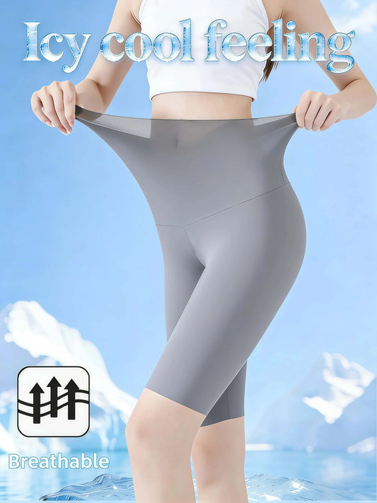 Women's High Waist Tummy Control Grey Icy Cool Biker Shorts Breathable High Stretch Yoga Shorts for Summer Outdoor Streetwear