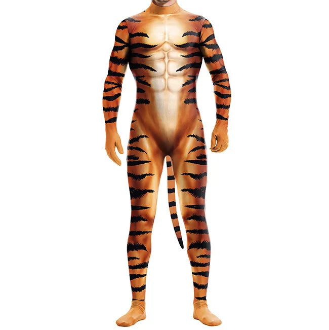 Halloween Costume  Adult Mens Wild Animal Cosplay Costume Full Cover 3D Print Beast Petsuit Jumpsuit Bodysuit Tail