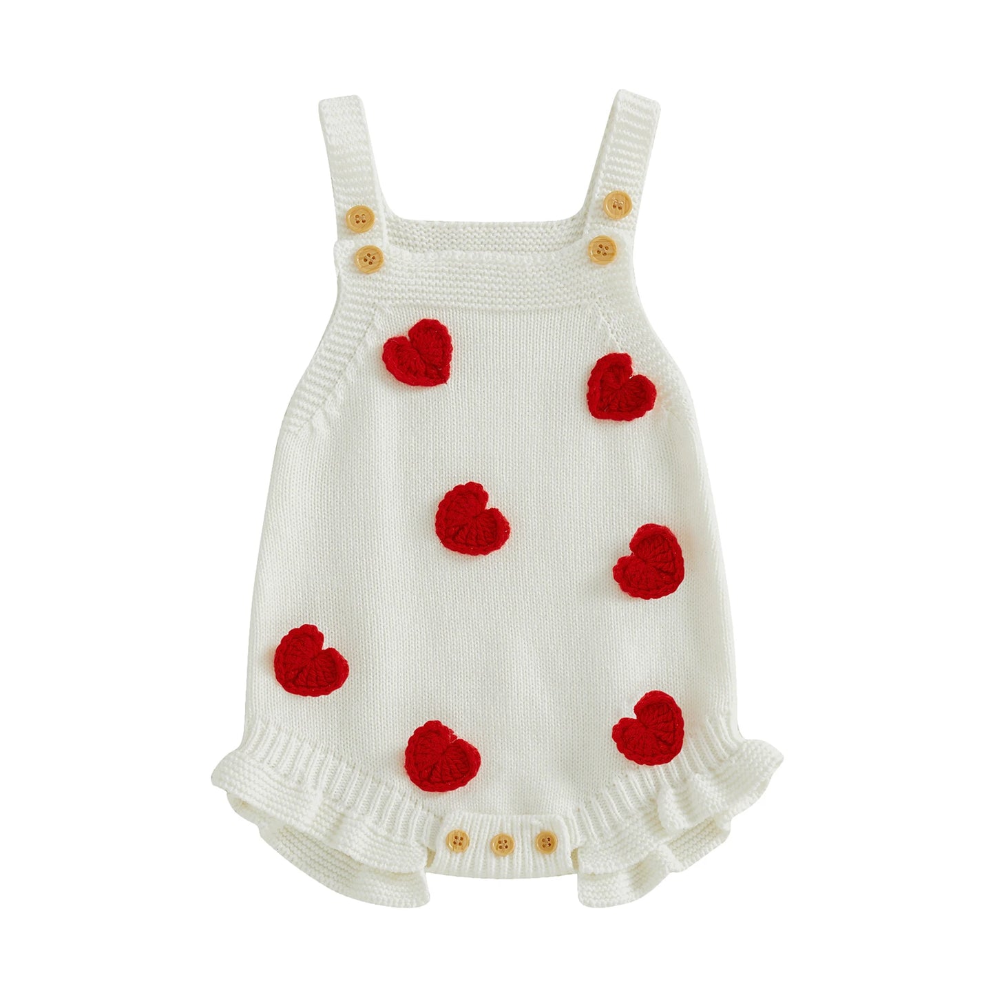 Baby Girl Valentine’s Day Romper Sleeveless Square Neck Heart Bodysuit Newborn Knit Overalls