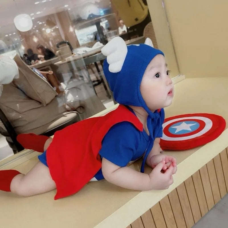 Fall 2025 Korean Superhero Baby Bodysuit Set Costume with Cape Shield & Hat for Cosplay Photoshoot One-Piece High quality Cotton