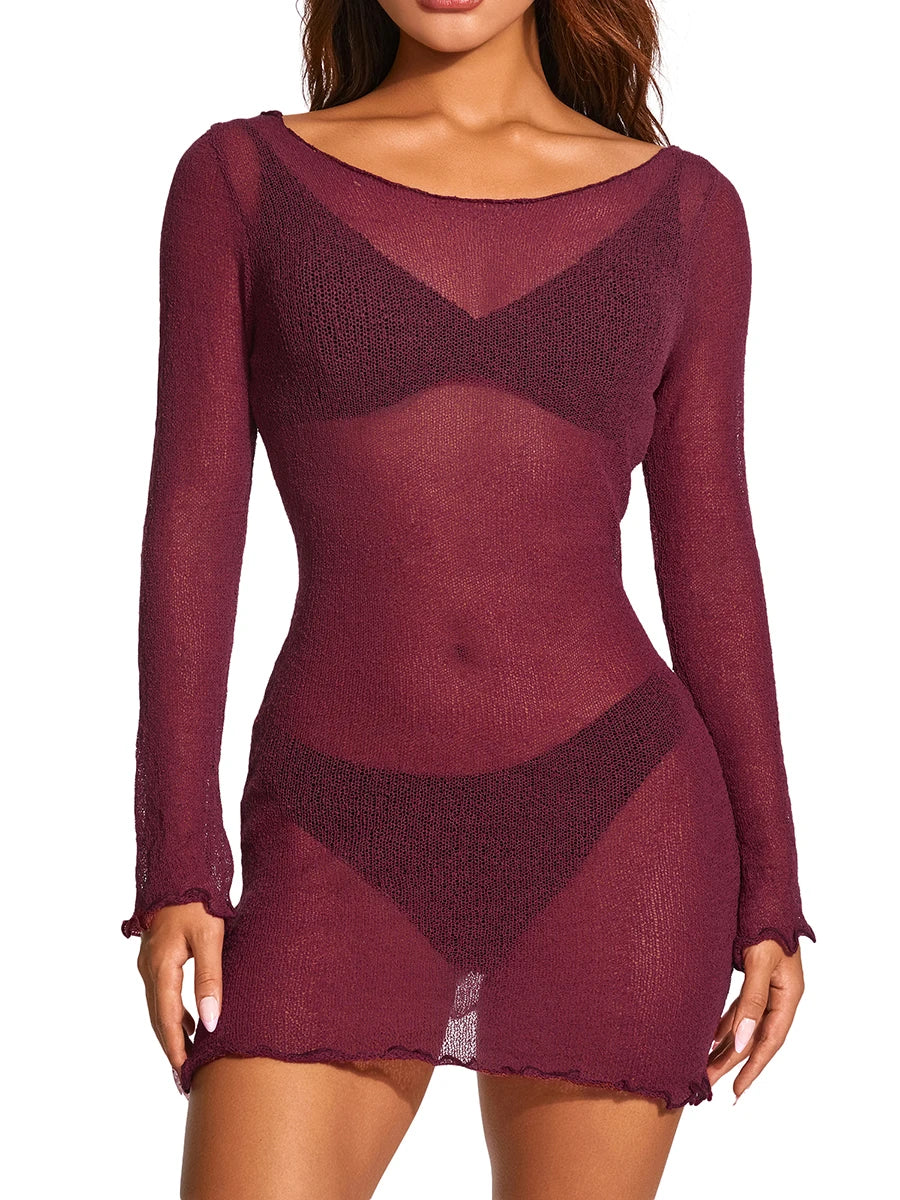 Yiiciovy Women Bikini Cover-Ups Sexy Ladies See-Through Long Sleeve Backless Beach Knitted Mini Dress Swimwear Sunscreen Dresses