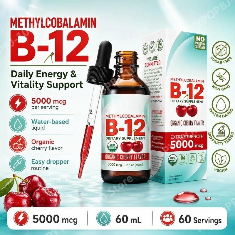 Methylcobalamin B12 5000mcg Daily Energy Vitality Support Organic Cherry Flavor Liquid Drops 60ml