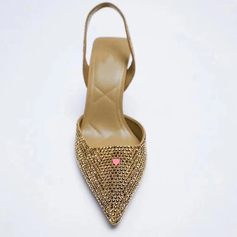 Gold Women Heels Sandals 2024 Summer Crystal Pointed Toe Female Stiletto African Party Rhinestone Shallow Slip on Heel Shoes