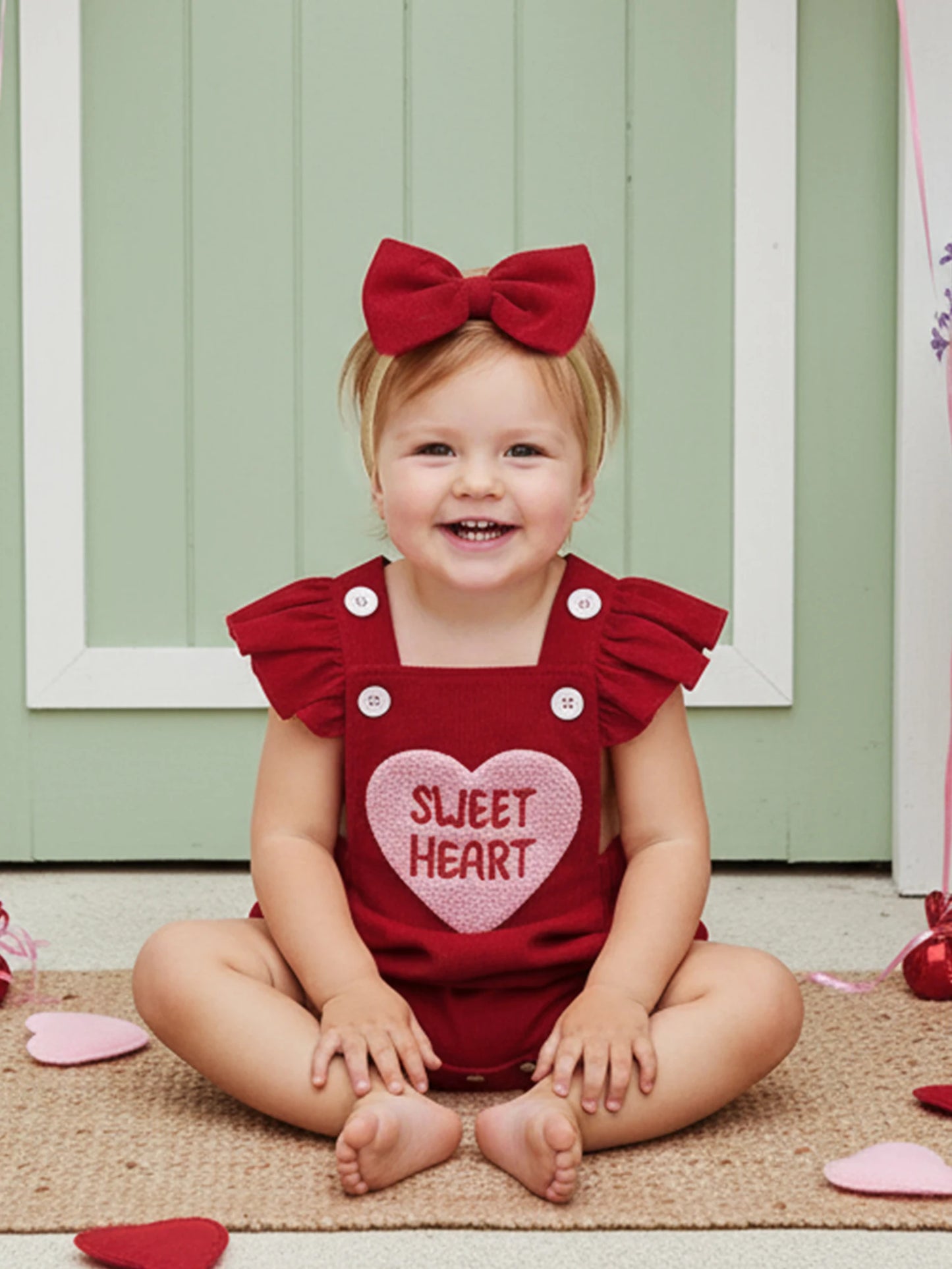 Baby Girl Valentines Outfit Letter Love Heart Embroidered Ruffled Trim Flying Sleeve Romper and Bow Headband 2 Pcs Set