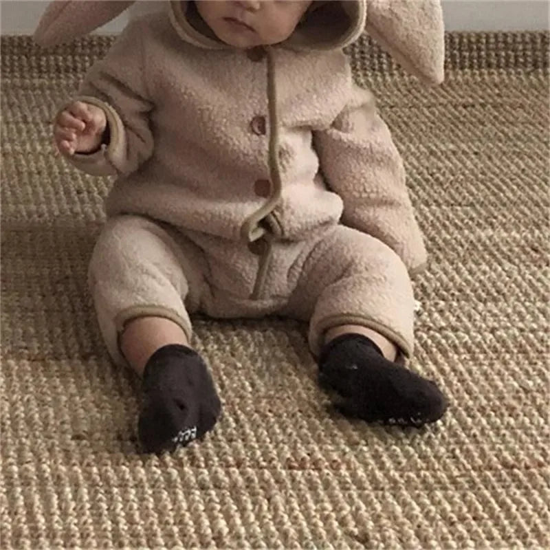 Autumn Winter Girl Baby Fleece Cute Rabbit Ears Cardigan Romper Boy Infant Solid Plus Velvet Warm One-piece Kid Casual Jumpsuit