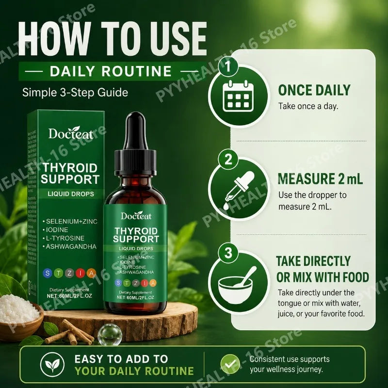Docteat Thyroid Support Liquid Drops with Selenium, Zinc, Iodine, L-Tyrosine & Ashwagandha, Dropper Design for Daily Use, 60 ML