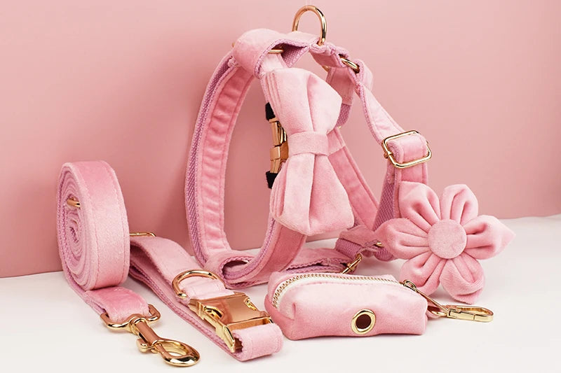 Pink Velvet Dog Collar And Leash Set For Small Medium Large Dogs Custom Engraved Nameplate Pet Supplies Dog Leash Velvet 01