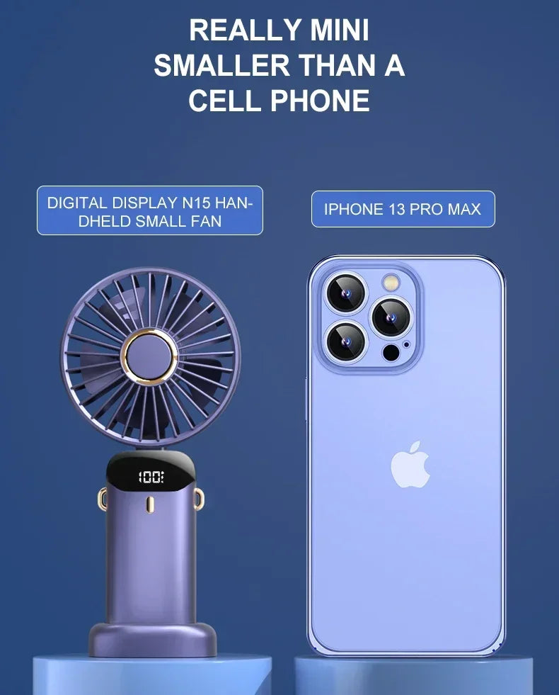 Portable Handheld Mini Fan Foldable Neck Hanging Fans 1800mAh 5 Speed USB Rechargeable Fan with Phone Stand and Display Screen