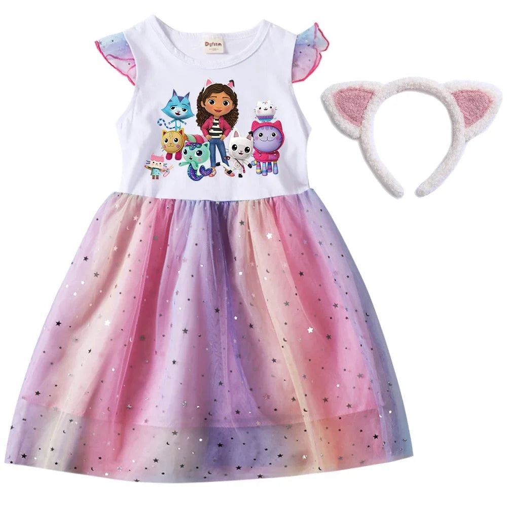 2024 Girls Summer Dresses Gabbys Dollhouse Girls Cat Tastic Costumes Kawaii Kids Birthday Party Princess Dress with Headwear Bag