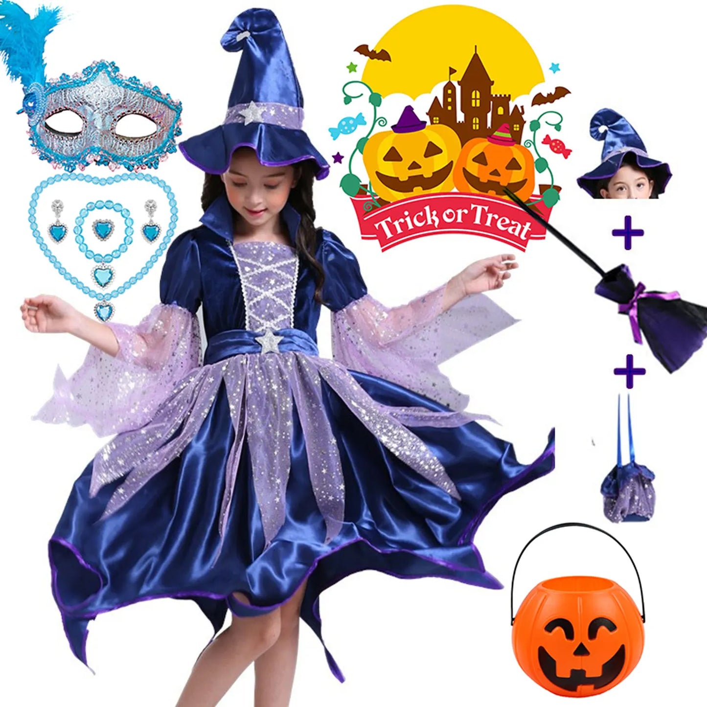 2026 Halloween Blue Witch Costume for Girls with Witch Hat Wand Bag Accessory Set  2-12T Girl Role Play Party Dress Vestidos
