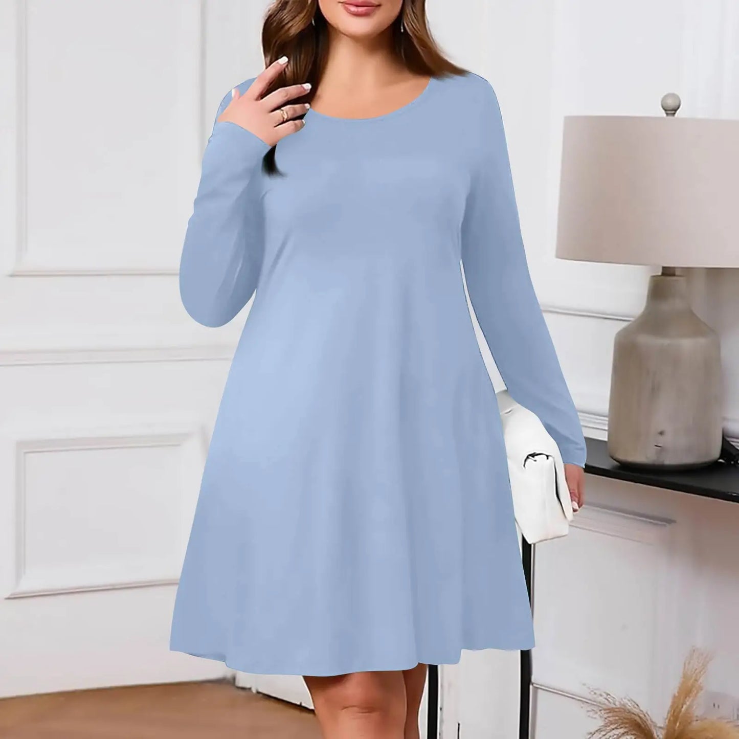 Plus Size Dress for Women Solid-Colour Casual Dress Spring/Autumn Pocket Round Neck Long-Sleeved Dresses vestidos femenino