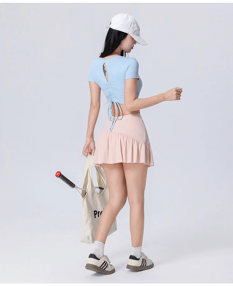 Women High Waist Asymmetrical Tennis Skirt Built-in Shorts Quick Dry Breathable Workout Running Sports Mini Skort
