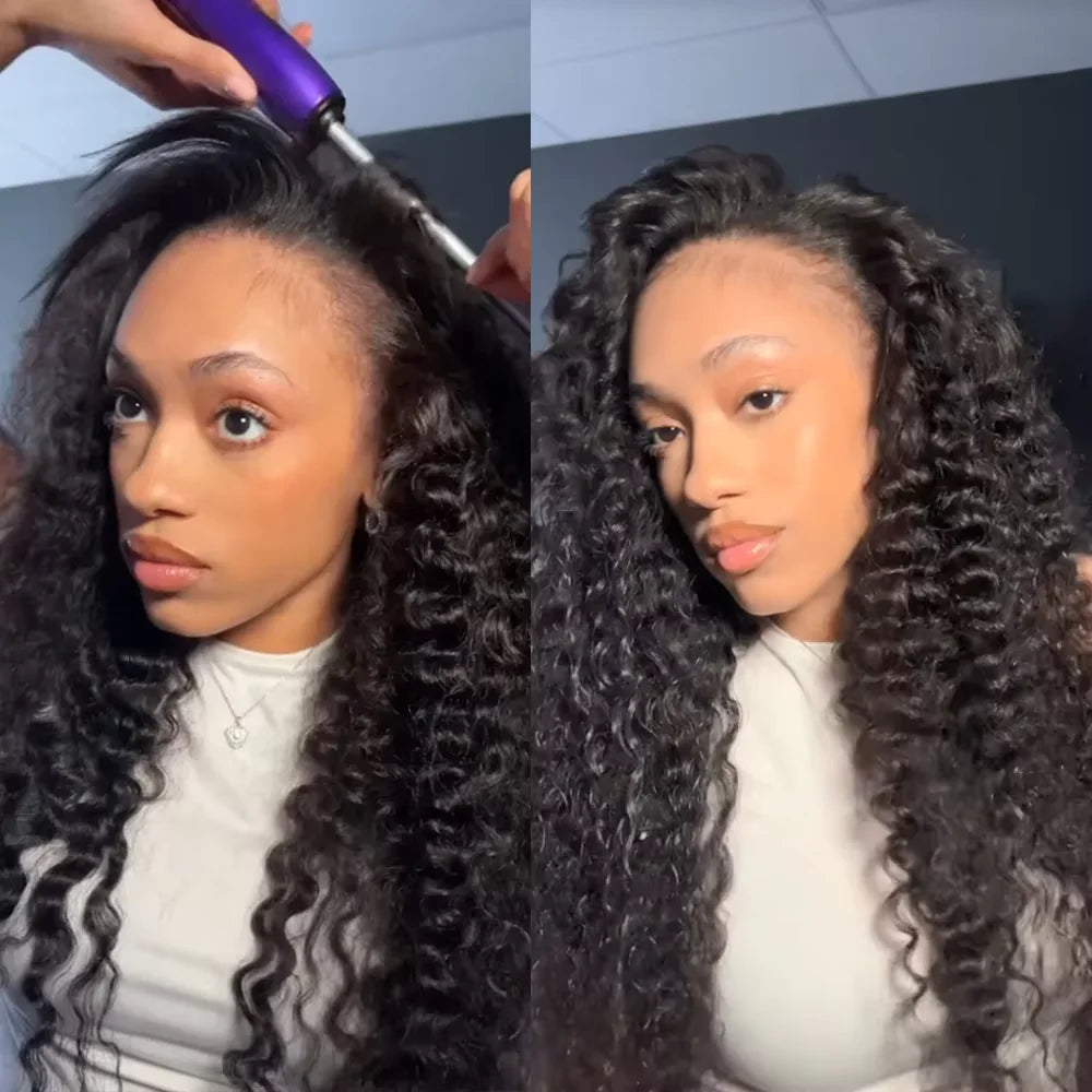 Deep Wave 3 In 1 Half Wig 100% Human Hair Glueless Curly Wigs Ready to Wear Seamless Flip Over Half Wig With Drawstring Clip Ins