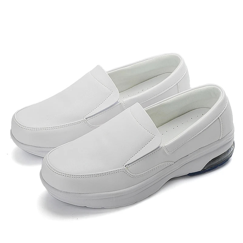 Professional White Leather Hospital Work Shoes Four Seasons Comfortable Breathable Nurse Shoes Women's Thick Base Single Shoes