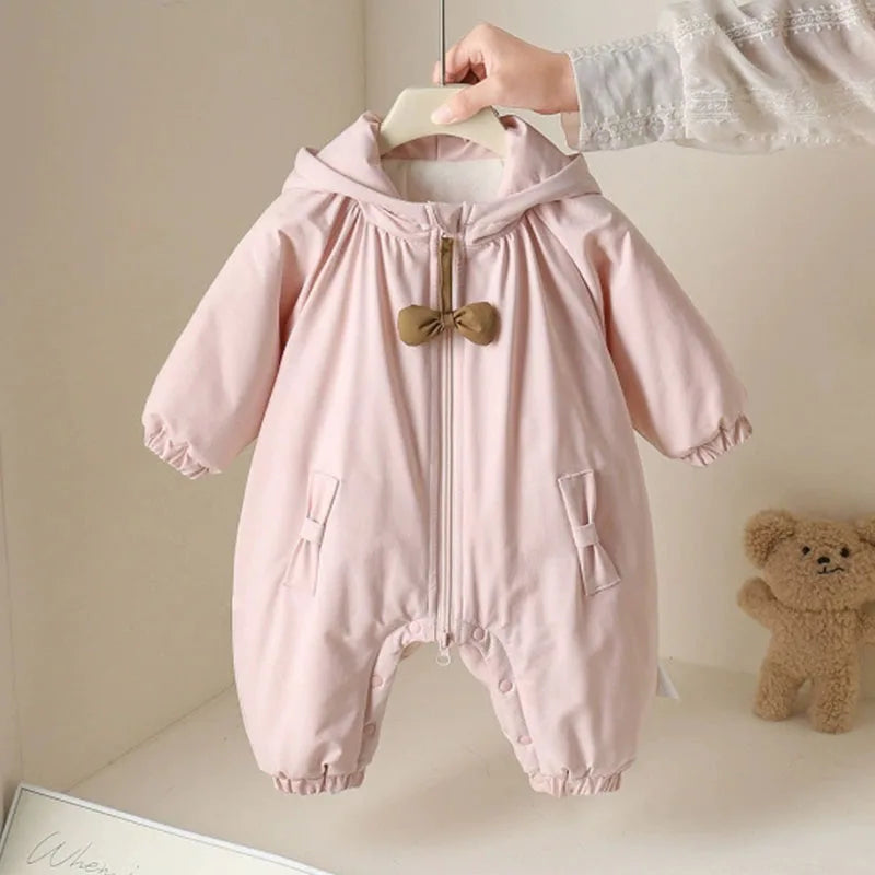 Winter Rompers Baby Girls Clothes Korean Fashion Pink Cute Hooded Bow Warm Thicker Jumpsuit Infant Costume Newborn Items B383