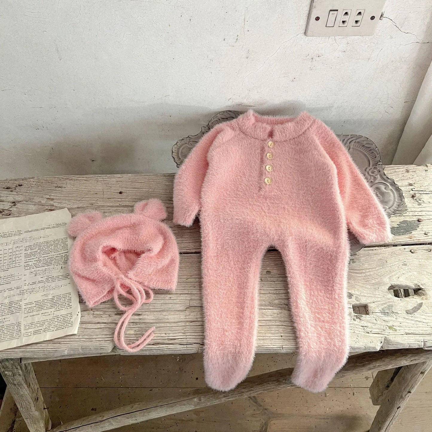 Baby Outfit Newborn Photography Props Mohair Knitted Bear Rompers Footed Jumpsuit Hat 2pcs/Sets Photography Clothing Accessories